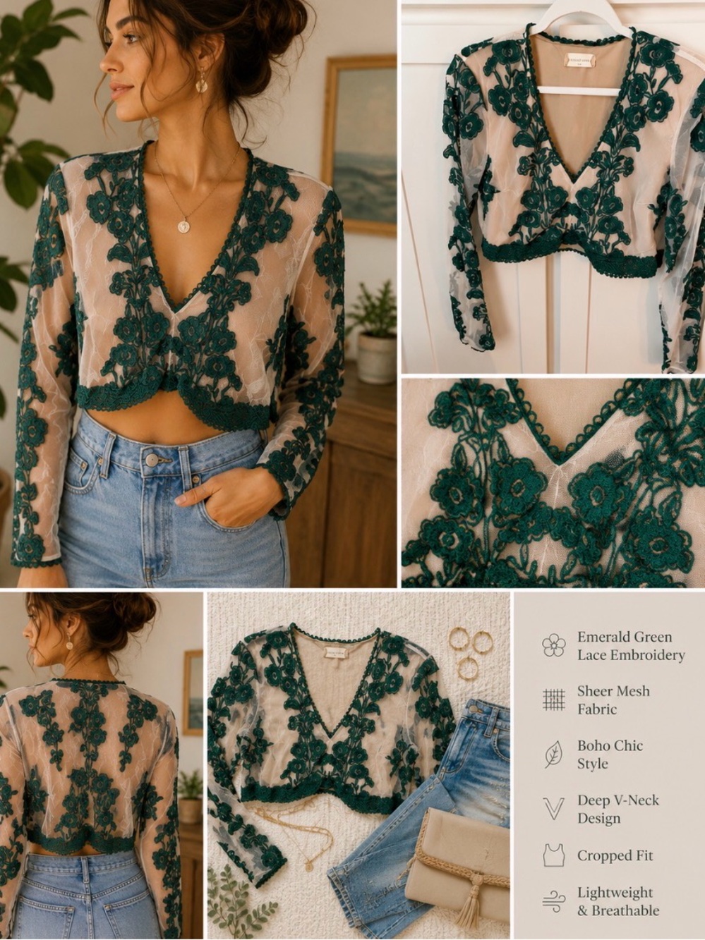 Altar’d State Emerald Green Lace Mesh Crop Top Boho